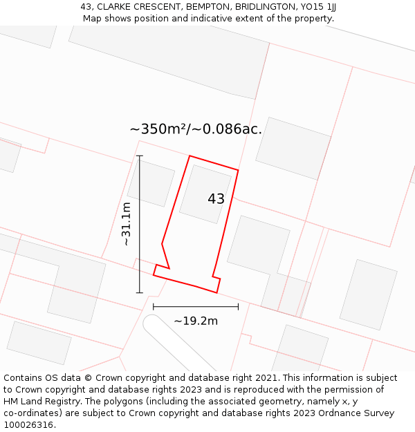 43, CLARKE CRESCENT, BEMPTON, BRIDLINGTON, YO15 1JJ: Plot and title map