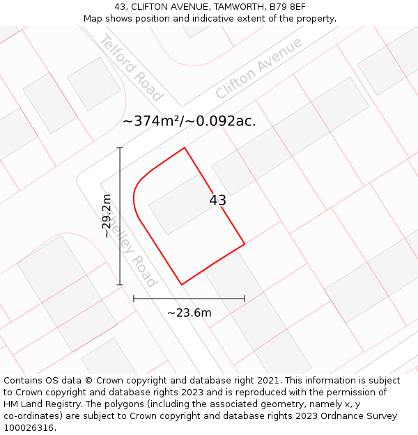 43, CLIFTON AVENUE, TAMWORTH, B79 8EF: Plot and title map