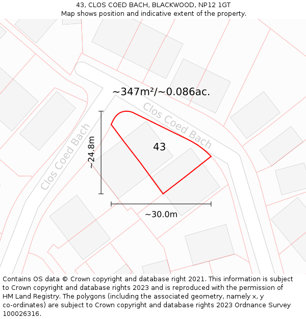 43, CLOS COED BACH, BLACKWOOD, NP12 1GT: Plot and title map