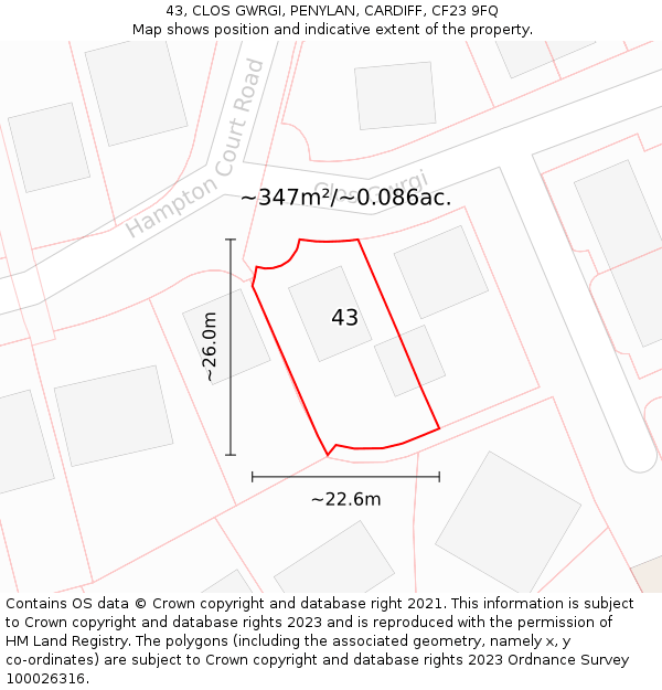43, CLOS GWRGI, PENYLAN, CARDIFF, CF23 9FQ: Plot and title map