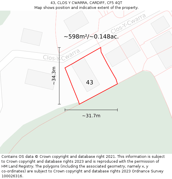 43, CLOS Y CWARRA, CARDIFF, CF5 4QT: Plot and title map