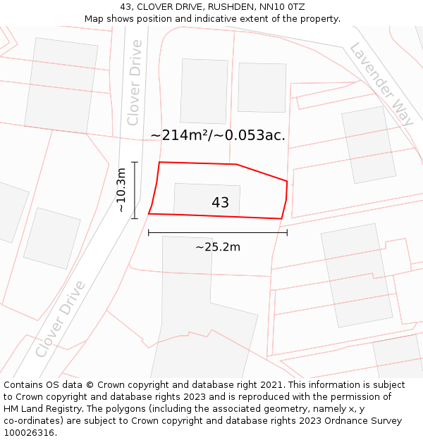 43, CLOVER DRIVE, RUSHDEN, NN10 0TZ: Plot and title map