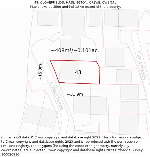 43, CLOVERFIELDS, HASLINGTON, CREWE, CW1 5AL: Plot and title map