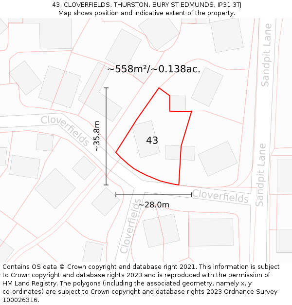43, CLOVERFIELDS, THURSTON, BURY ST EDMUNDS, IP31 3TJ: Plot and title map