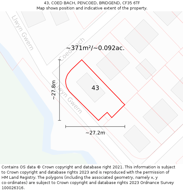 43, COED BACH, PENCOED, BRIDGEND, CF35 6TF: Plot and title map