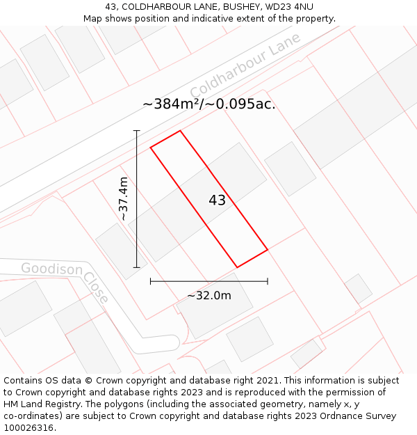 43, COLDHARBOUR LANE, BUSHEY, WD23 4NU: Plot and title map