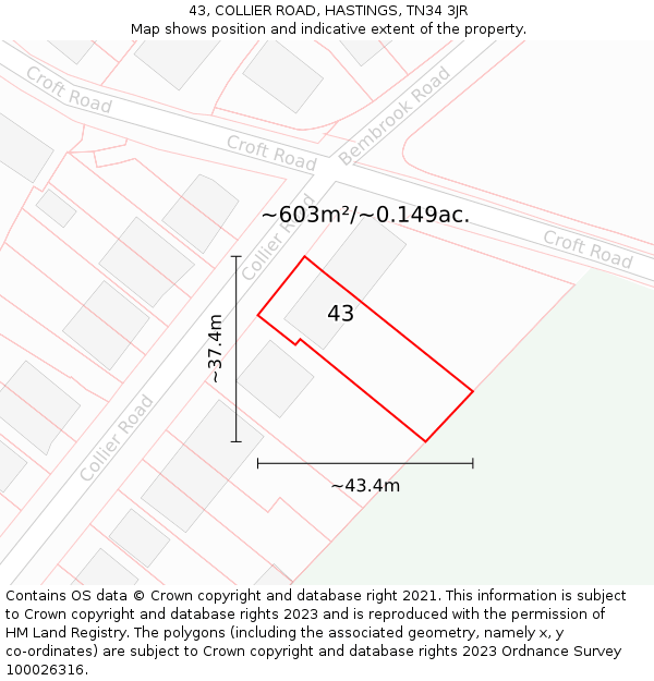 43, COLLIER ROAD, HASTINGS, TN34 3JR: Plot and title map