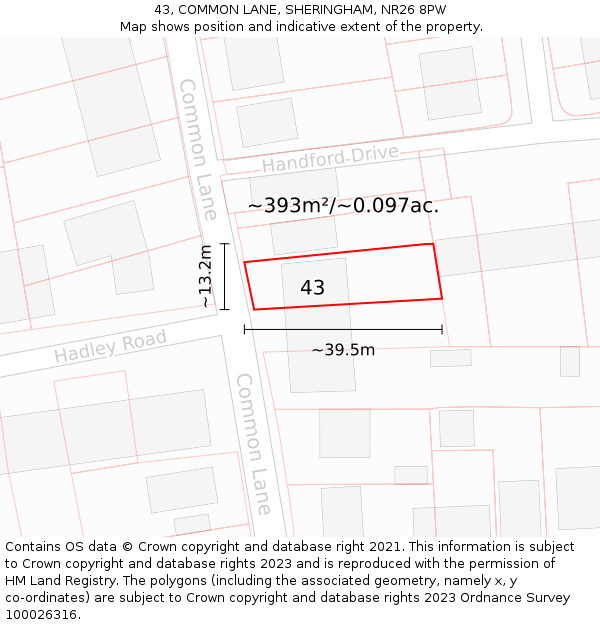 43, COMMON LANE, SHERINGHAM, NR26 8PW: Plot and title map