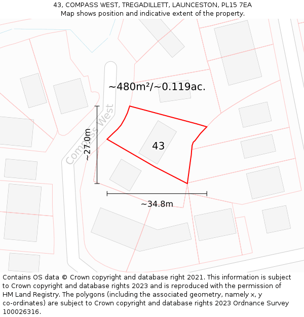 43, COMPASS WEST, TREGADILLETT, LAUNCESTON, PL15 7EA: Plot and title map