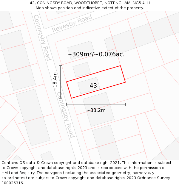 43, CONINGSBY ROAD, WOODTHORPE, NOTTINGHAM, NG5 4LH: Plot and title map