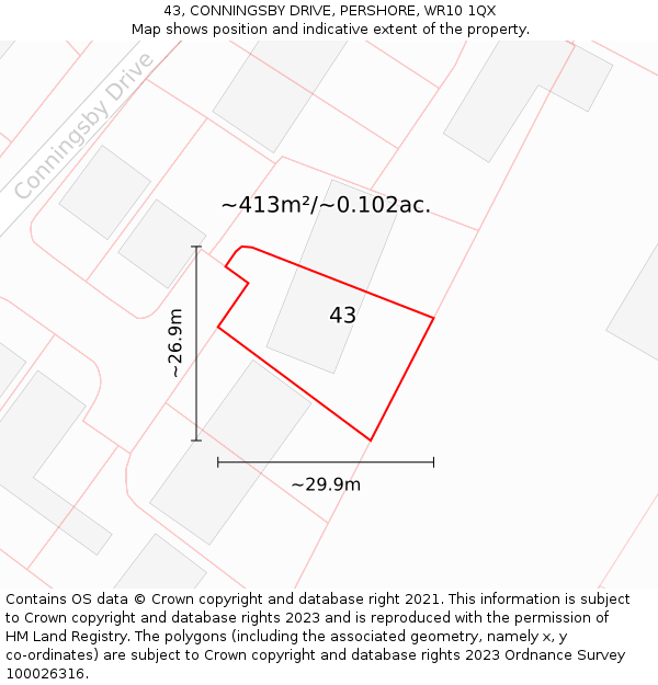 43, CONNINGSBY DRIVE, PERSHORE, WR10 1QX: Plot and title map