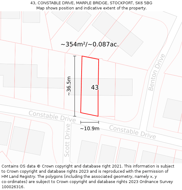 43, CONSTABLE DRIVE, MARPLE BRIDGE, STOCKPORT, SK6 5BG: Plot and title map