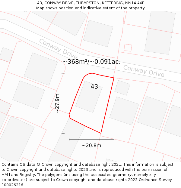 43, CONWAY DRIVE, THRAPSTON, KETTERING, NN14 4XP: Plot and title map