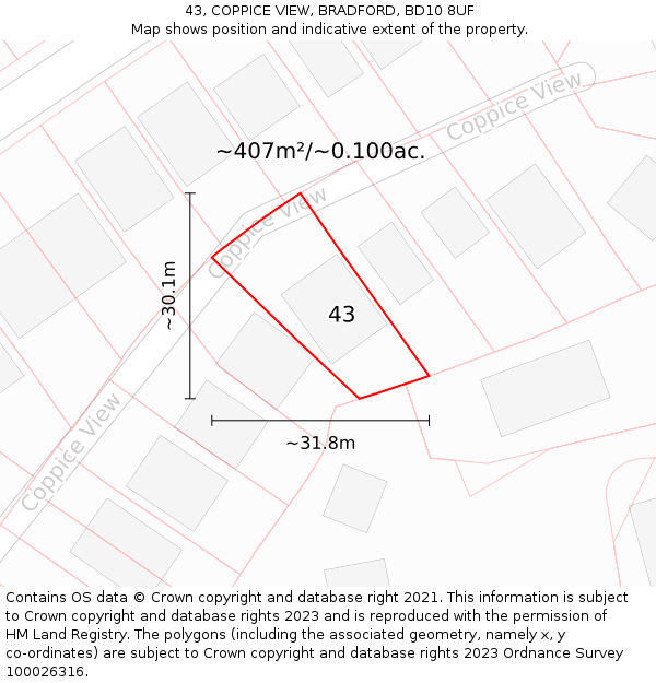 43, COPPICE VIEW, BRADFORD, BD10 8UF: Plot and title map