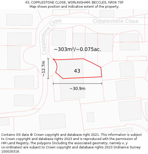 43, COPPLESTONE CLOSE, WORLINGHAM, BECCLES, NR34 7SF: Plot and title map