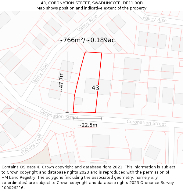 43, CORONATION STREET, SWADLINCOTE, DE11 0QB: Plot and title map