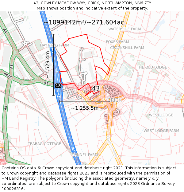 43, COWLEY MEADOW WAY, CRICK, NORTHAMPTON, NN6 7TY: Plot and title map