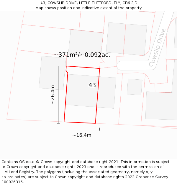 43, COWSLIP DRIVE, LITTLE THETFORD, ELY, CB6 3JD: Plot and title map