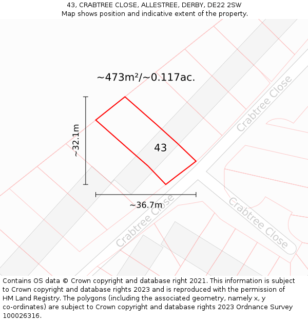 43, CRABTREE CLOSE, ALLESTREE, DERBY, DE22 2SW: Plot and title map