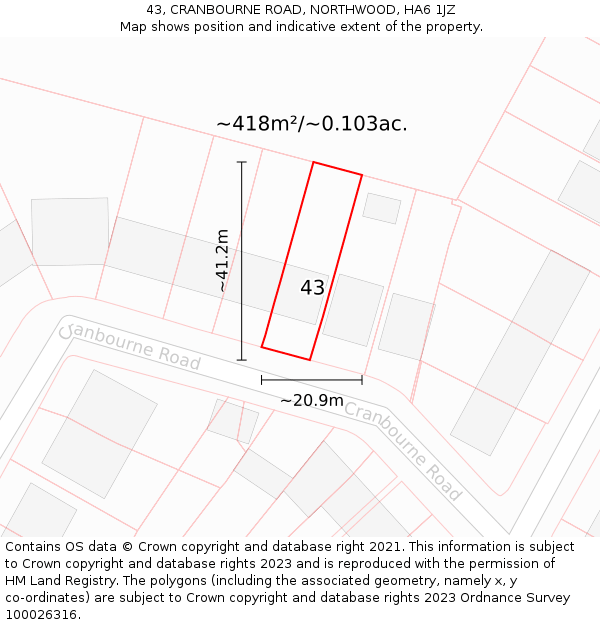 43, CRANBOURNE ROAD, NORTHWOOD, HA6 1JZ: Plot and title map