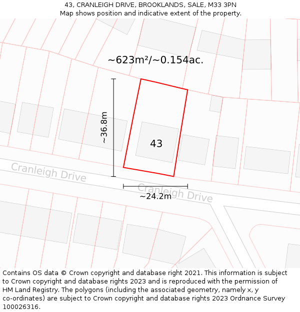 43, CRANLEIGH DRIVE, BROOKLANDS, SALE, M33 3PN: Plot and title map