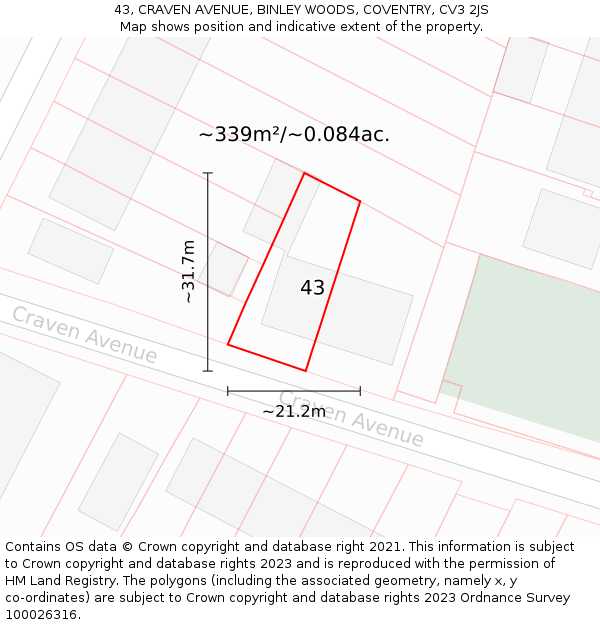 43, CRAVEN AVENUE, BINLEY WOODS, COVENTRY, CV3 2JS: Plot and title map