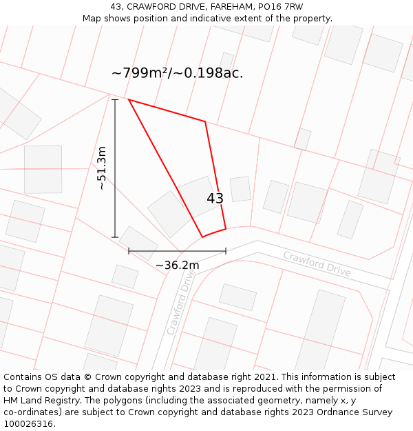 43, CRAWFORD DRIVE, FAREHAM, PO16 7RW: Plot and title map