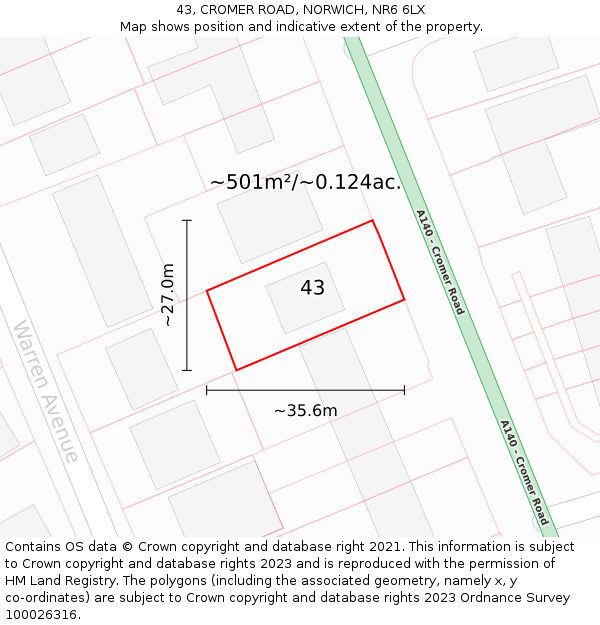 43, CROMER ROAD, NORWICH, NR6 6LX: Plot and title map