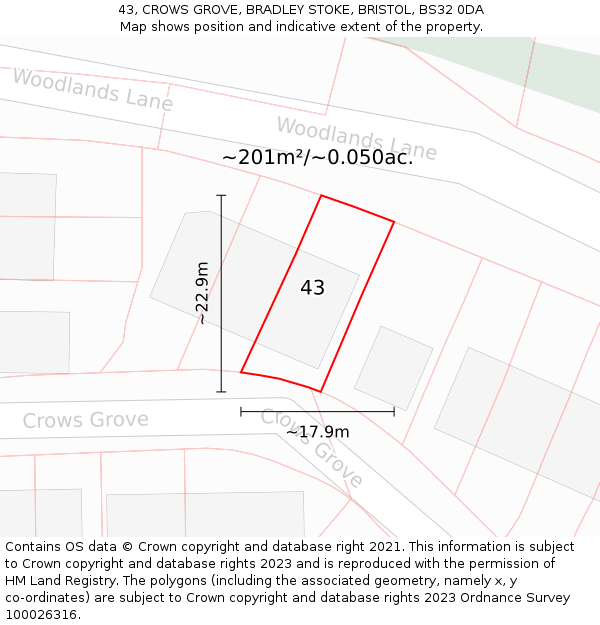 43, CROWS GROVE, BRADLEY STOKE, BRISTOL, BS32 0DA: Plot and title map