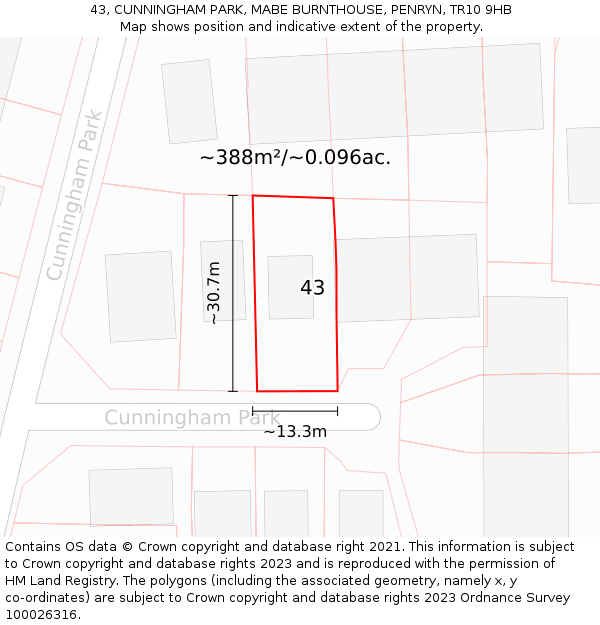 43, CUNNINGHAM PARK, MABE BURNTHOUSE, PENRYN, TR10 9HB: Plot and title map
