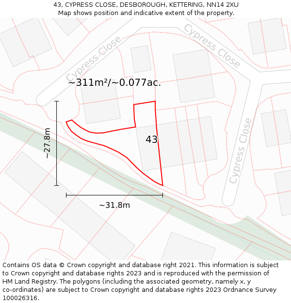 43, CYPRESS CLOSE, DESBOROUGH, KETTERING, NN14 2XU: Plot and title map