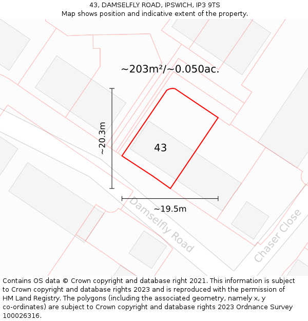43, DAMSELFLY ROAD, IPSWICH, IP3 9TS: Plot and title map