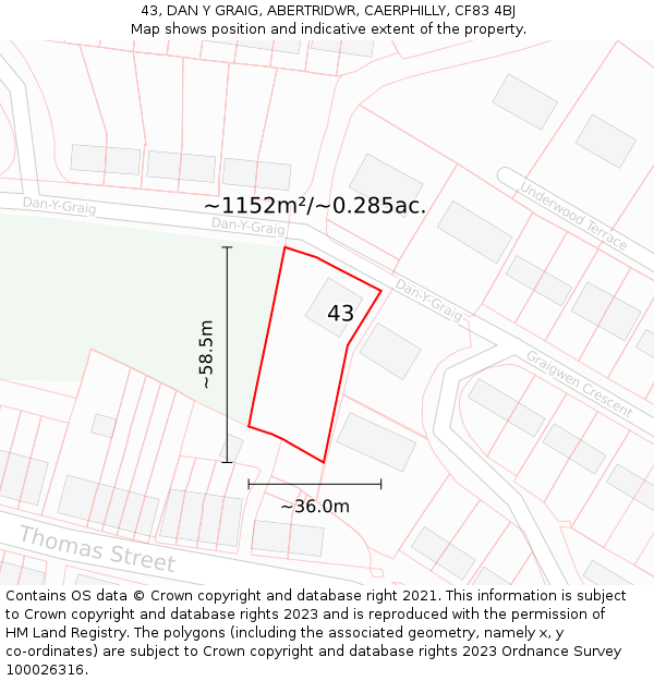 43, DAN Y GRAIG, ABERTRIDWR, CAERPHILLY, CF83 4BJ: Plot and title map