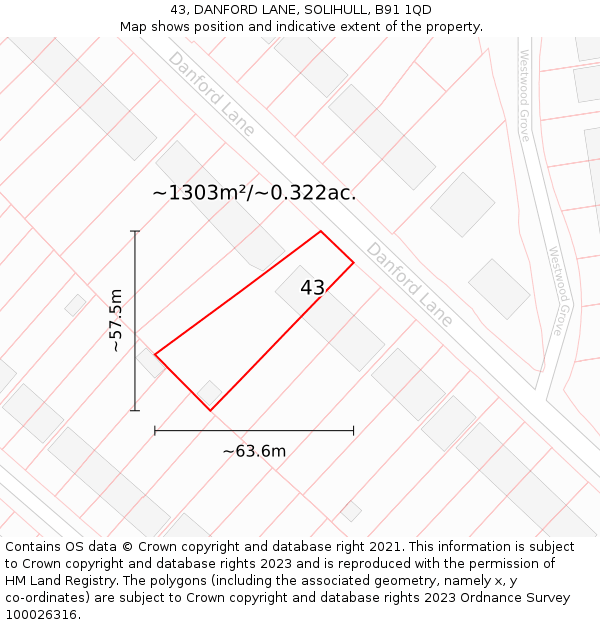43, DANFORD LANE, SOLIHULL, B91 1QD: Plot and title map