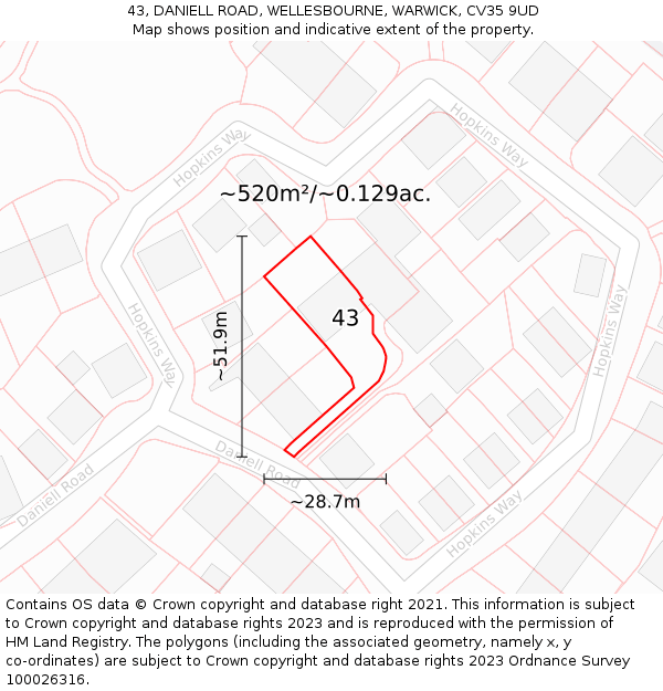 43, DANIELL ROAD, WELLESBOURNE, WARWICK, CV35 9UD: Plot and title map