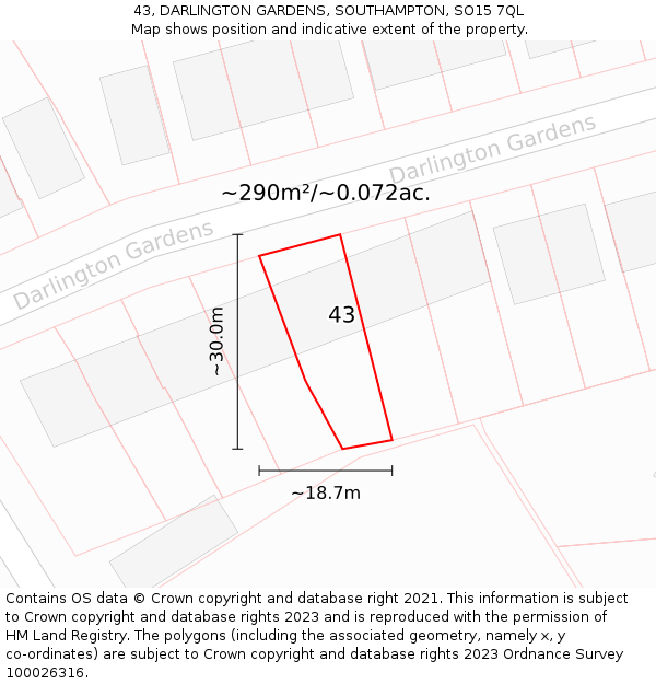 43, DARLINGTON GARDENS, SOUTHAMPTON, SO15 7QL: Plot and title map