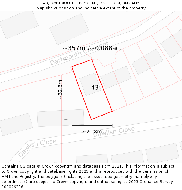 43, DARTMOUTH CRESCENT, BRIGHTON, BN2 4HY: Plot and title map
