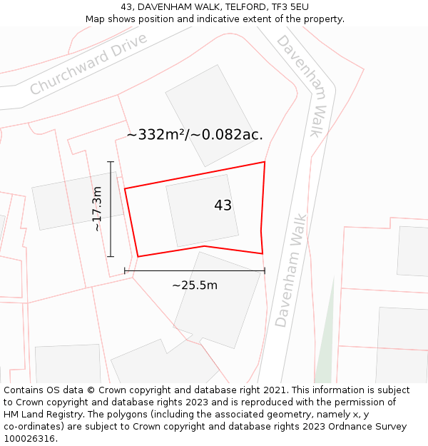 43, DAVENHAM WALK, TELFORD, TF3 5EU: Plot and title map