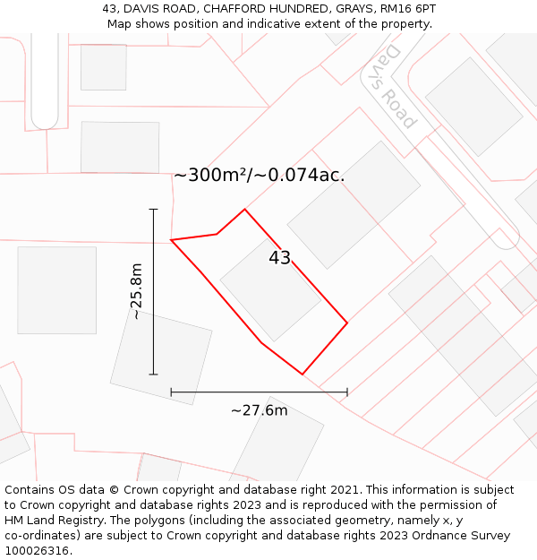 43, DAVIS ROAD, CHAFFORD HUNDRED, GRAYS, RM16 6PT: Plot and title map