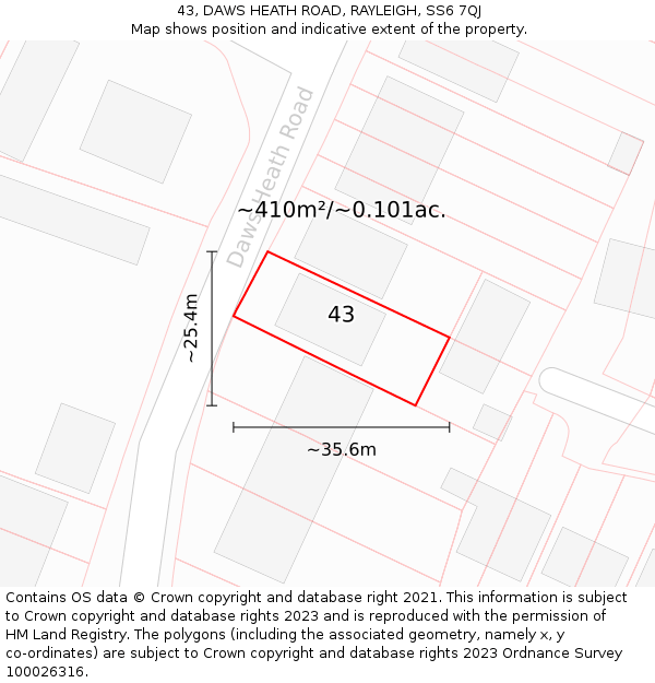43, DAWS HEATH ROAD, RAYLEIGH, SS6 7QJ: Plot and title map