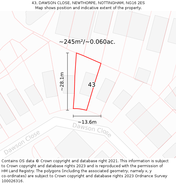 43, DAWSON CLOSE, NEWTHORPE, NOTTINGHAM, NG16 2ES: Plot and title map