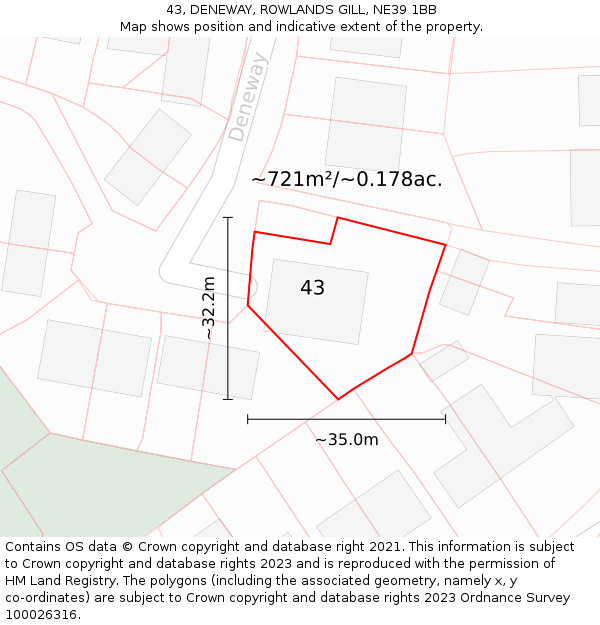 43, DENEWAY, ROWLANDS GILL, NE39 1BB: Plot and title map