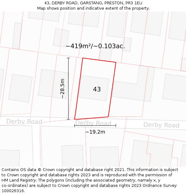 43, DERBY ROAD, GARSTANG, PRESTON, PR3 1EU: Plot and title map