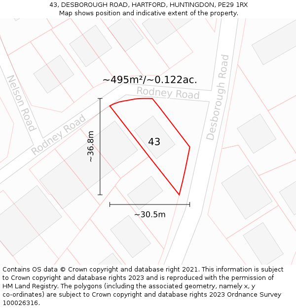 43, DESBOROUGH ROAD, HARTFORD, HUNTINGDON, PE29 1RX: Plot and title map