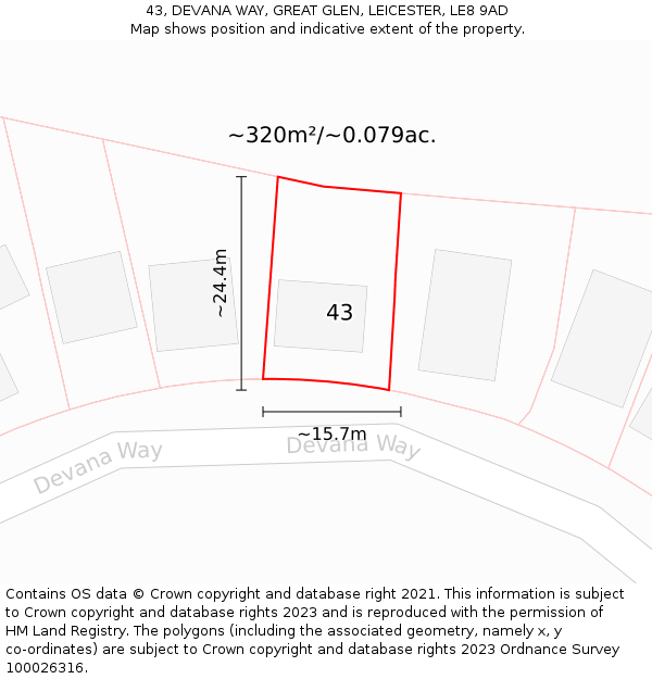 43, DEVANA WAY, GREAT GLEN, LEICESTER, LE8 9AD: Plot and title map
