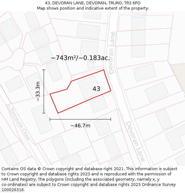 43, DEVORAN LANE, DEVORAN, TRURO, TR3 6PD: Plot and title map