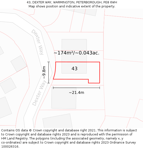 43, DEXTER WAY, WARMINGTON, PETERBOROUGH, PE8 6WH: Plot and title map