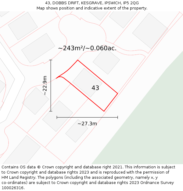 43, DOBBS DRIFT, KESGRAVE, IPSWICH, IP5 2QG: Plot and title map