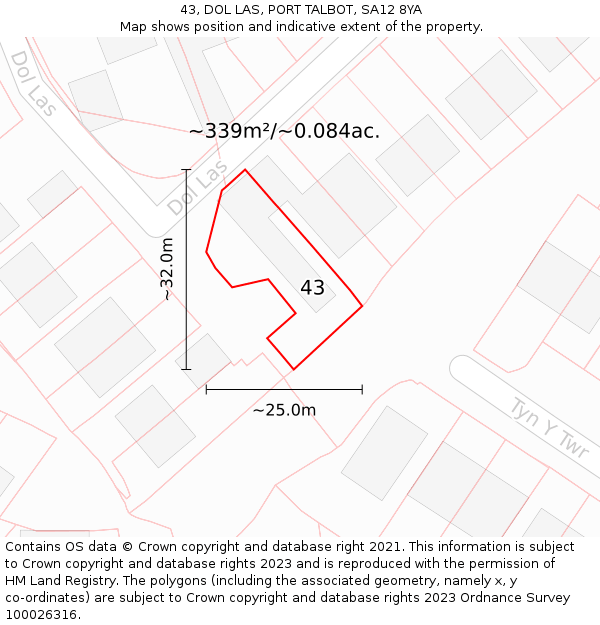 43, DOL LAS, PORT TALBOT, SA12 8YA: Plot and title map