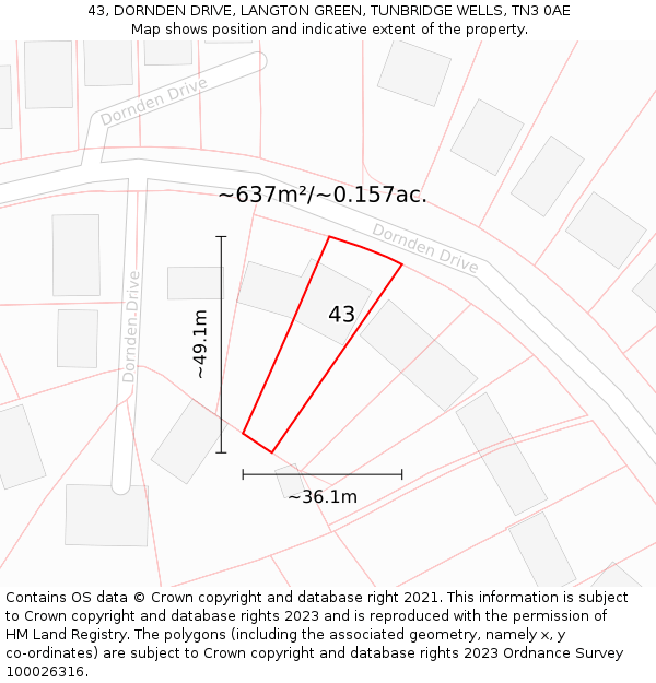 43, DORNDEN DRIVE, LANGTON GREEN, TUNBRIDGE WELLS, TN3 0AE: Plot and title map